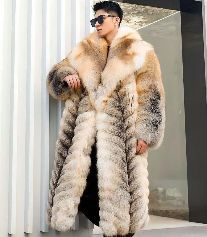 Men's SAGA Fox Fur Coat, Real Full Skin Long Length Luxury Winter Outerwear for Men