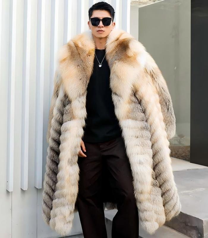 Men's SAGA Fox Fur Coat, Real Full Skin Long Length Luxury Winter Outerwear for Men