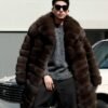 Men's Horizontal Stripe Extra Long Fox Fur Coat, Real Full Skin Fox Fur Jacket for Men Luxury Winter Outerwear