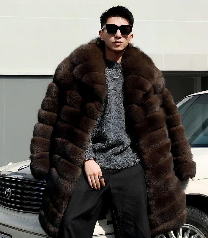 Men's Horizontal Stripe Extra Long Fox Fur Coat, Real Full Skin Fox Fur Jacket for Men Luxury Winter Outerwear