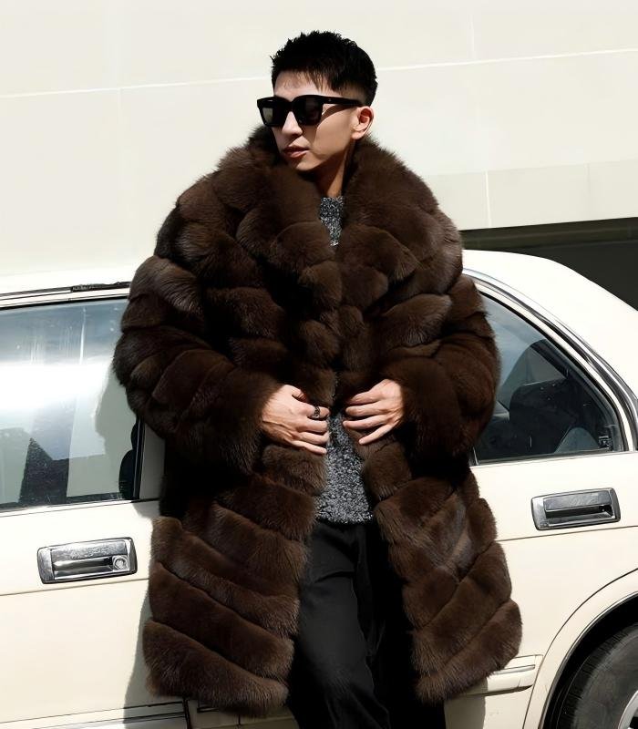 Men's Horizontal Stripe Extra Long Fox Fur Coat, Real Full Skin Fox Fur Jacket for Men Luxury Winter Outerwear