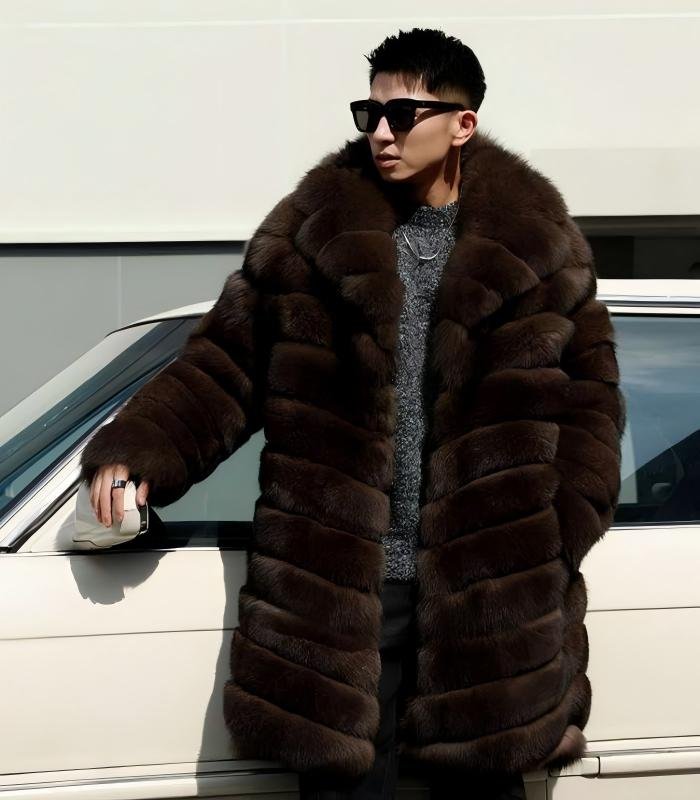 Men's Horizontal Stripe Extra Long Fox Fur Coat, Real Full Skin Fox Fur Jacket for Men Luxury Winter Outerwear
