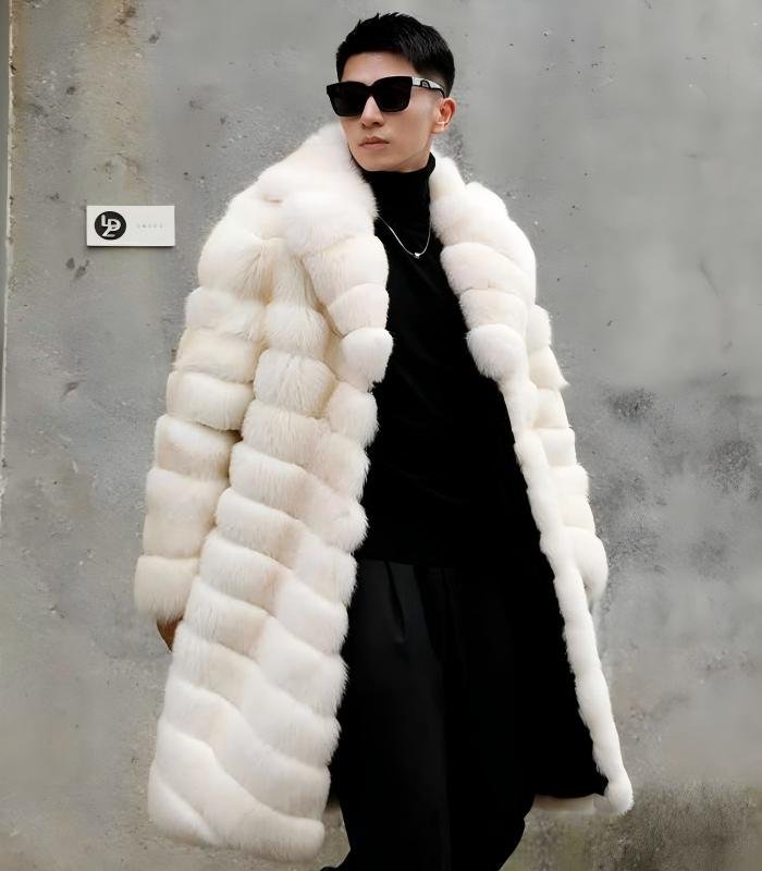 Men's Horizontal Stripe Extra Long Fox Fur Coat, Real Full Skin Fox Fur Jacket for Men Luxury Winter Outerwear