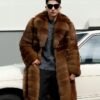 Men's Horizontal Stripe Extra Long Fox Fur Coat, Real Full Skin Fox Fur Jacket for Men Luxury Winter Outerwear