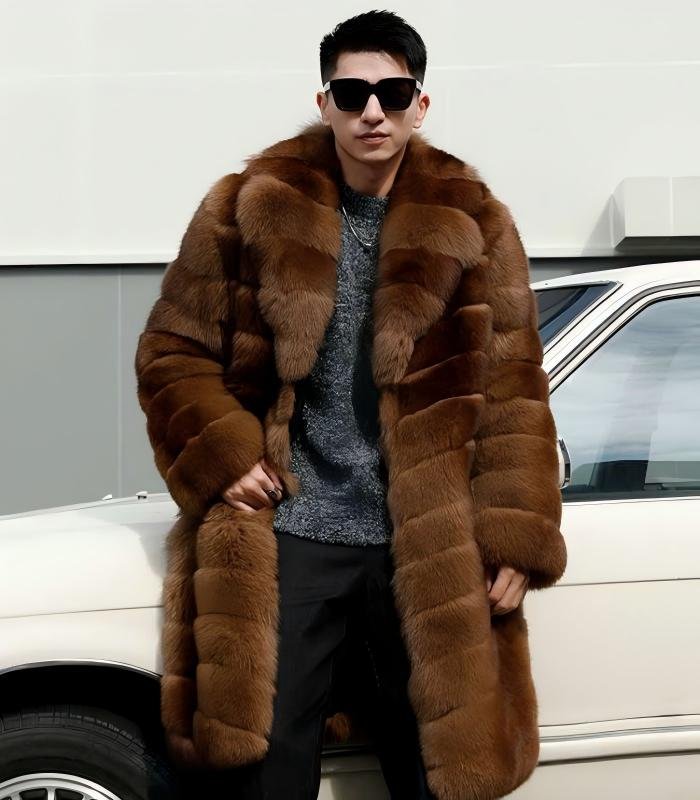 Men's Horizontal Stripe Extra Long Fox Fur Coat, Real Full Skin Fox Fur Jacket for Men Luxury Winter Outerwear