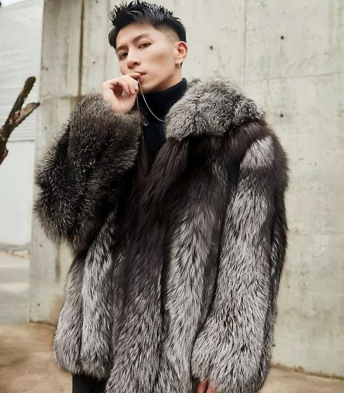Natural silver fox fur coat,Real Full Skin Fox Fur Jacket for Men Luxury Winter Outerwear