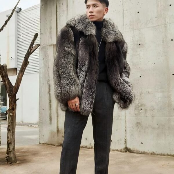 Natural silver fox fur coat,Real Full Skin Fox Fur Jacket for Men Luxury Winter Outerwear