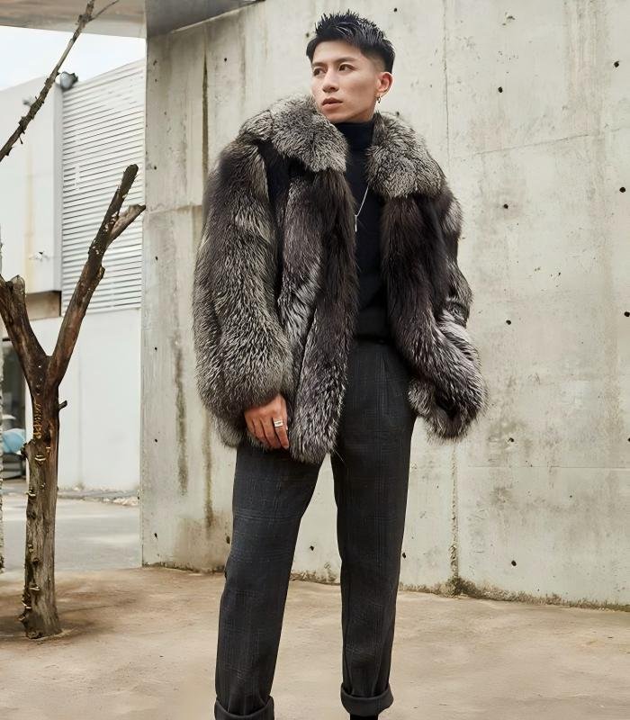 Natural silver fox fur coat,Real Full Skin Fox Fur Jacket for Men Luxury Winter Outerwear
