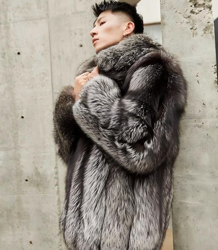 Natural silver fox fur coat,Real Full Skin Fox Fur Jacket for Men Luxury Winter Outerwear