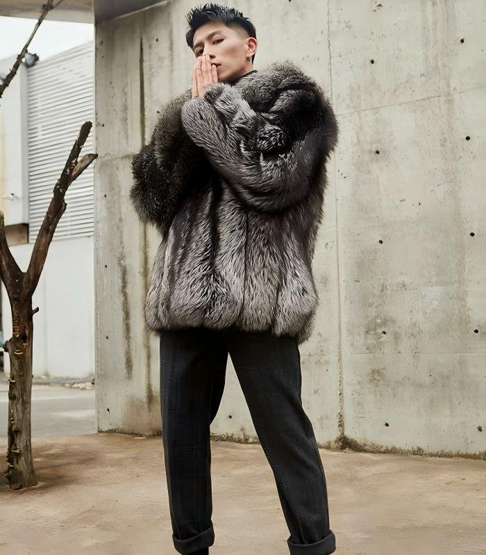 Natural silver fox fur coat,Real Full Skin Fox Fur Jacket for Men Luxury Winter Outerwear
