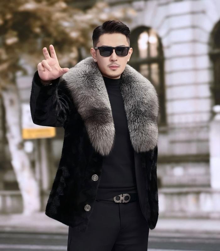 #2664 Men's Short Mink Fur Jacket With Large Silver Fox Fur Lapel, Real Mink Fur Coat Luxury Winter Outerwear.a