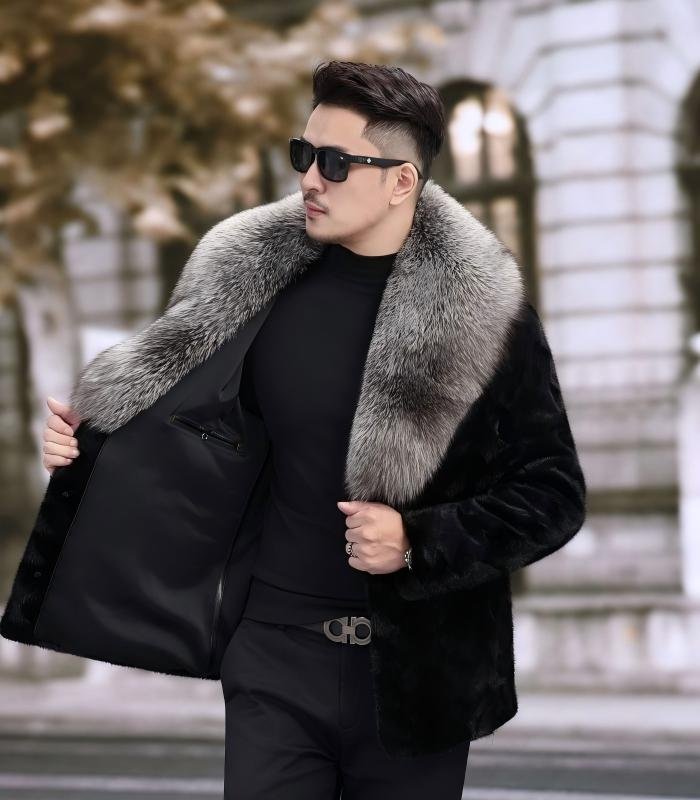 #2664 Men's Short Mink Fur Jacket With Large Silver Fox Fur Lapel, Real Mink Fur Coat Luxury Winter Outerwear.b