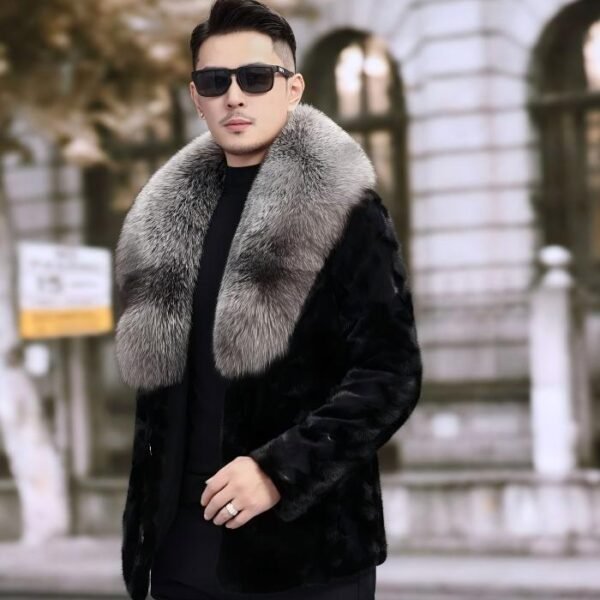 #2664 Men's Short Mink Fur Jacket With Large Silver Fox Fur Lapel, Real Mink Fur Coat Luxury Winter Outerwear.c