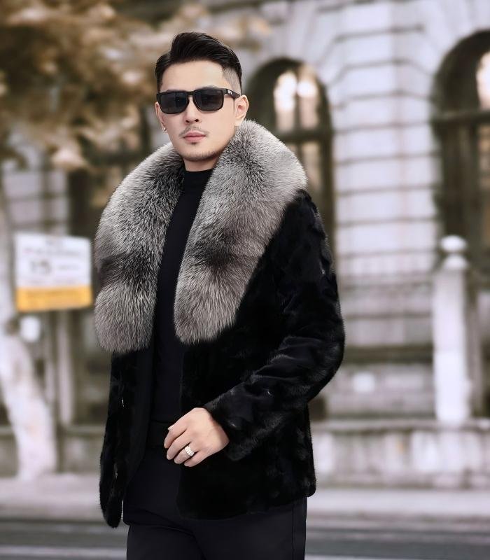 #2664 Men's Short Mink Fur Jacket With Large Silver Fox Fur Lapel, Real Mink Fur Coat Luxury Winter Outerwear.c