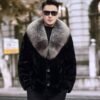 #2664 Men's Short Mink Fur Jacket With Large Silver Fox Fur Lapel, Real Mink Fur Coat Luxury Winter Outerwear.d