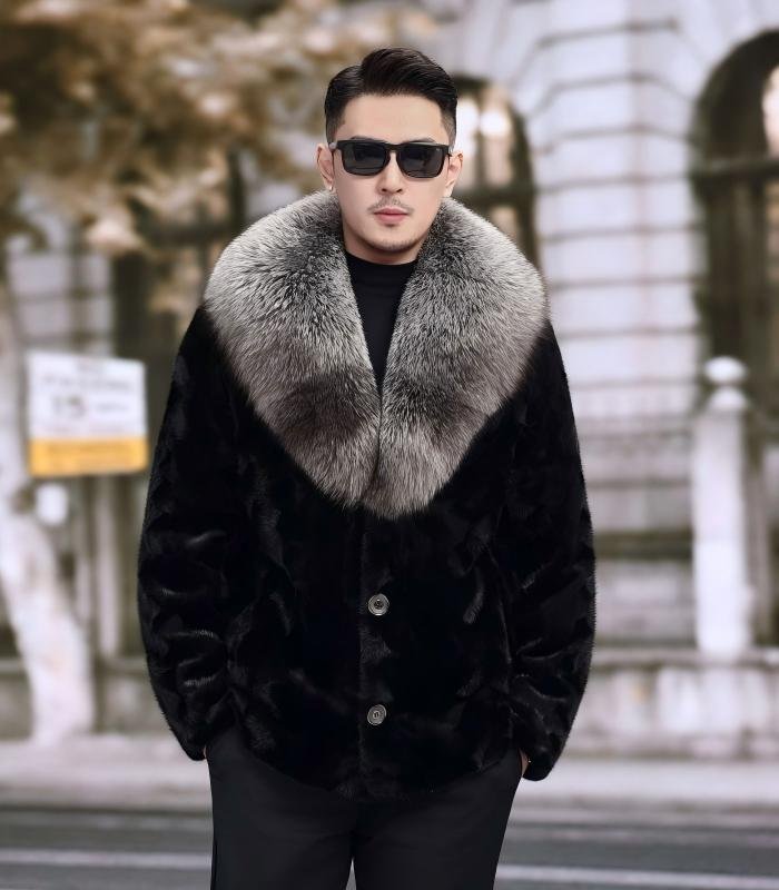 #2664 Men's Short Mink Fur Jacket With Large Silver Fox Fur Lapel, Real Mink Fur Coat Luxury Winter Outerwear.d