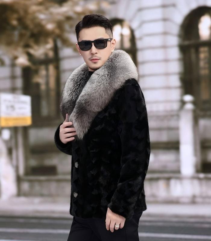 #2664 Men's Short Mink Fur Jacket With Large Silver Fox Fur Lapel, Real Mink Fur Coat Luxury Winter Outerwear.e