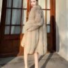 #2641 Women's Mid Length Fox Fur Coat, Cream Beige Luxury Fluffy Winter Fur Outerwear.B