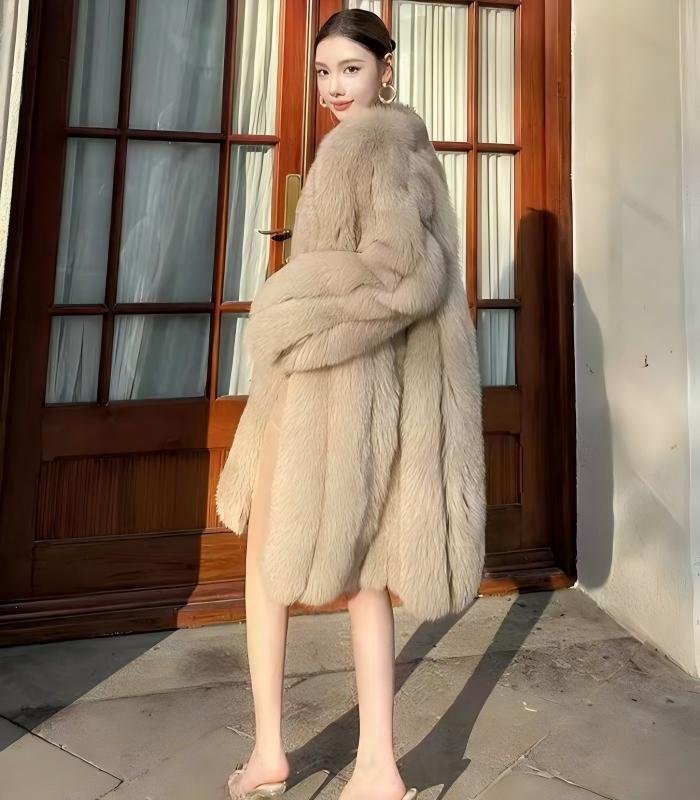 #2641 Women's Mid Length Fox Fur Coat, Cream Beige Luxury Fluffy Winter Fur Outerwear.B