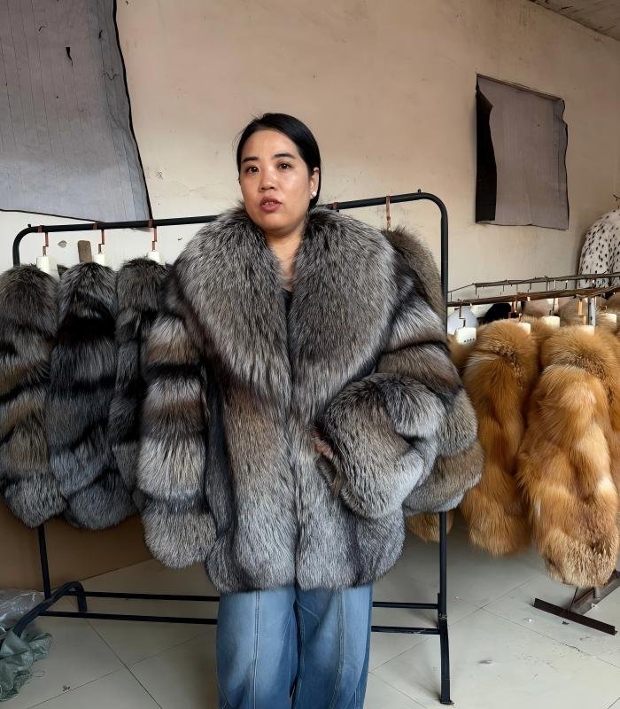 #2668 Women Mid Length Natural Silver Fox Fur Coat, Vintage Grey Tone Real Fox Fur Winter Outerwear.a