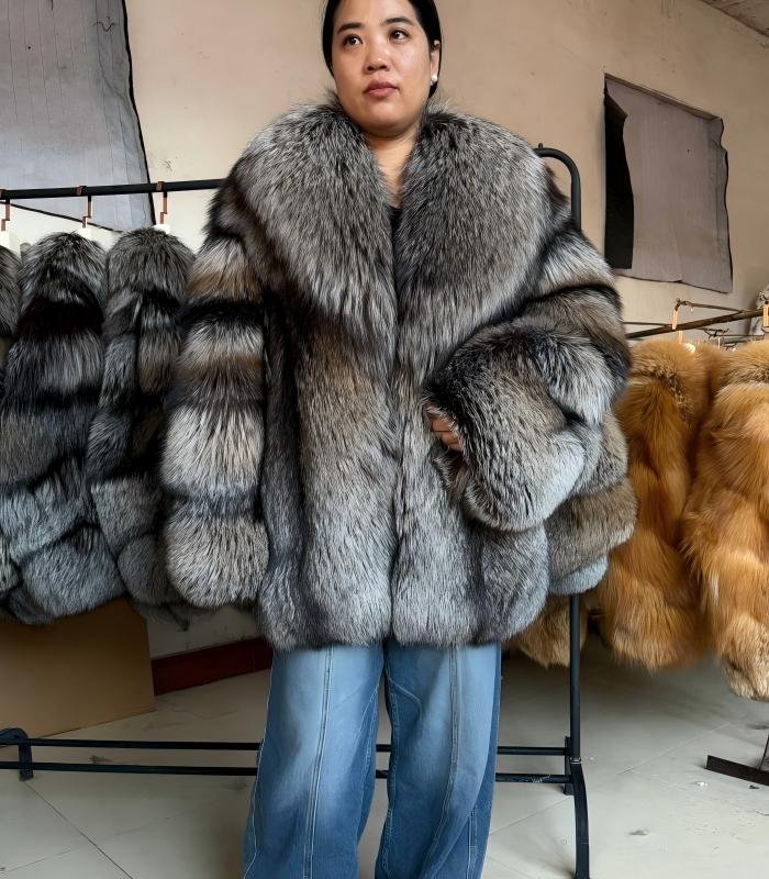 #2668 Women Mid Length Natural Silver Fox Fur Coat, Vintage Grey Tone Real Fox Fur Winter Outerwear.b