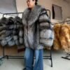 #2668 Women Mid Length Natural Silver Fox Fur Coat, Vintage Grey Tone Real Fox Fur Winter Outerwear.c