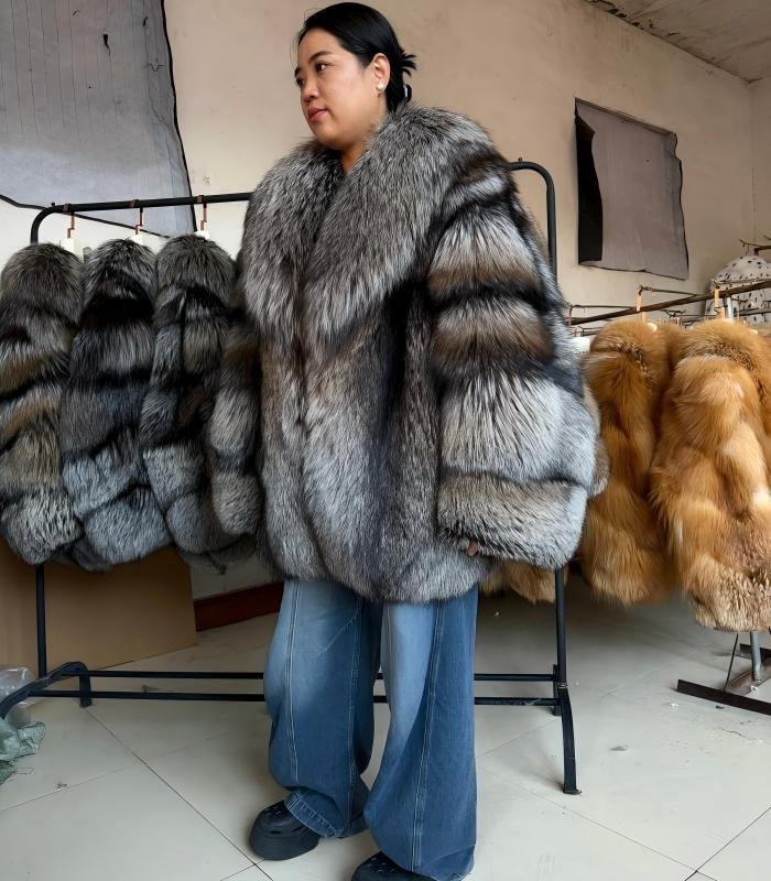 #2668 Women Mid Length Natural Silver Fox Fur Coat, Vintage Grey Tone Real Fox Fur Winter Outerwear.c