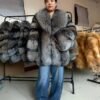 #2668 Women Mid Length Natural Silver Fox Fur Coat, Vintage Grey Tone Real Fox Fur Winter Outerwear.d
