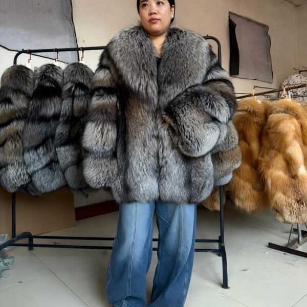 #2668 Women Mid Length Natural Silver Fox Fur Coat, Vintage Grey Tone Real Fox Fur Winter Outerwear.d