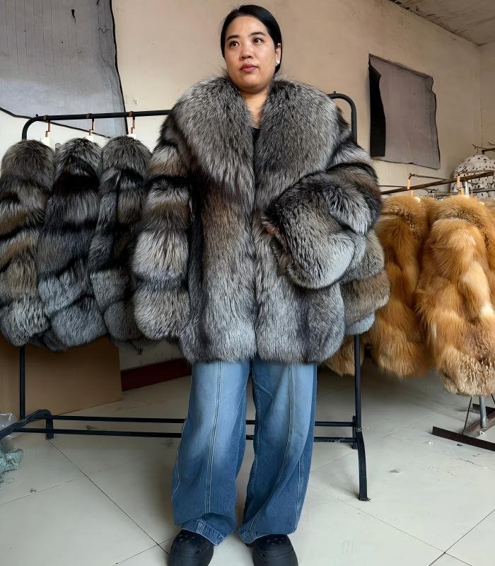 #2668 Women Mid Length Natural Silver Fox Fur Coat, Vintage Grey Tone Real Fox Fur Winter Outerwear.d