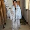 #2667 Women Extra Long Snow Leopard Print Fox Fur Coat, Plus Size Luxury Full Length Winter Outerwear.f