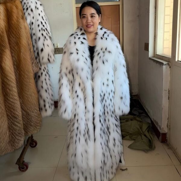 #2667 Women Extra Long Snow Leopard Print Fox Fur Coat, Plus Size Luxury Full Length Winter Outerwear.f