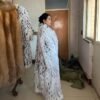 #2667 Women Extra Long Snow Leopard Print Fox Fur Coat, Plus Size Luxury Full Length Winter Outerwear.b