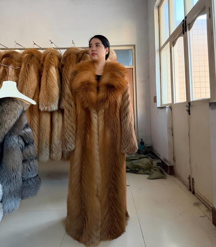 #2669 Long Full Skin Red Fox Fur Coat , Luxury Real Fox Fur Knee Length Winter Outerwear With Wide Lapel.G