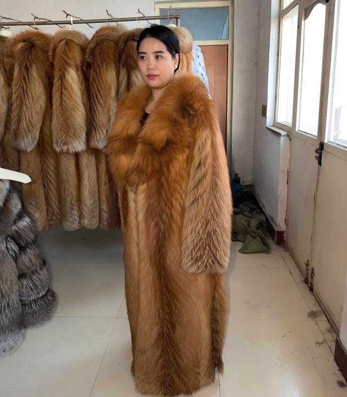 #2669 Long Full Skin Red Fox Fur Coat , Luxury Real Fox Fur Knee Length Winter Outerwear With Wide Lapel.F