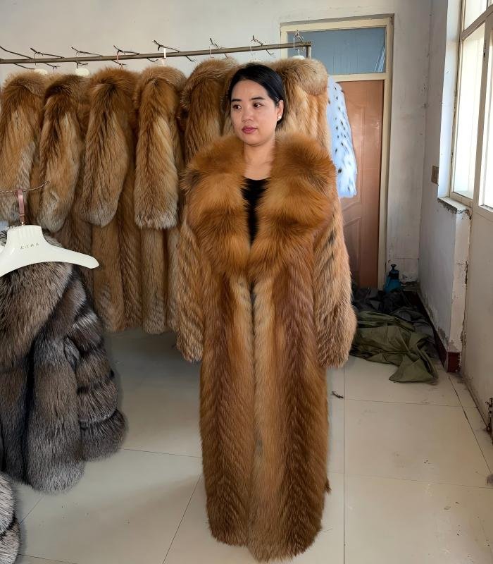 #2669 Long Full Skin Red Fox Fur Coat , Luxury Real Fox Fur Knee Length Winter Outerwear With Wide Lapel.E