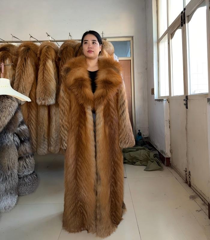 #2669 Long Full Skin Red Fox Fur Coat , Luxury Real Fox Fur Knee Length Winter Outerwear With Wide Lapel.D #2669 Full Skin Red Fox Fur Long Coat Luxury Knee Length.A