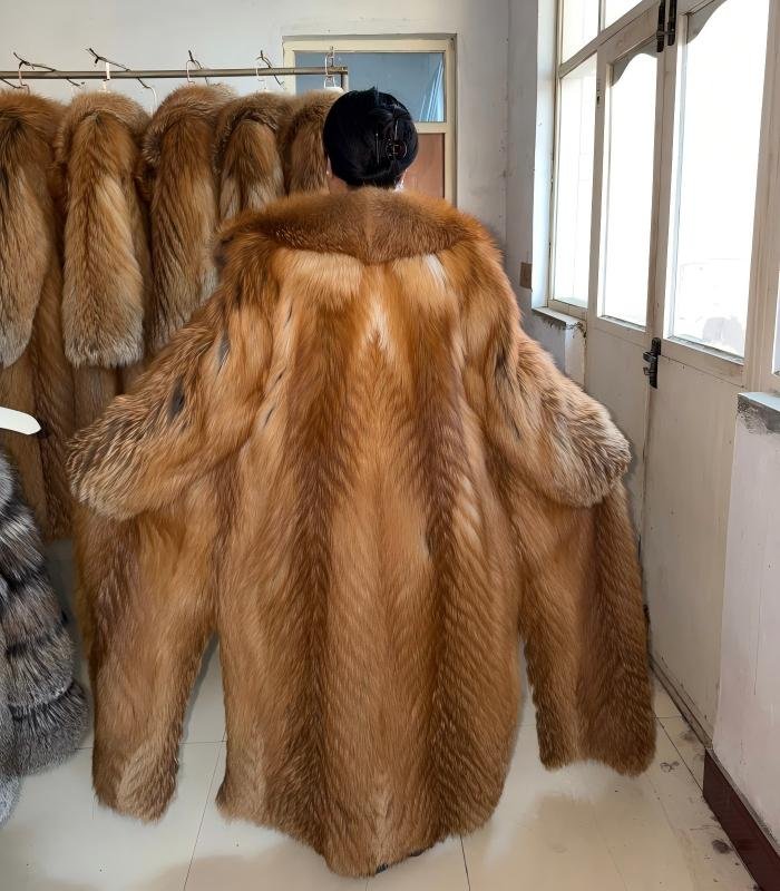 #2669 Long Full Skin Red Fox Fur Coat , Luxury Real Fox Fur Knee Length Winter Outerwear With Wide Lapel.C