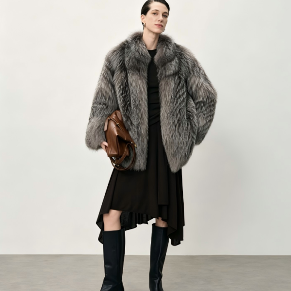#2623Natural Silver Fox Fur Coat, Real Full Skin Silver Fox Jacket for Women Luxury Winter Outerwear.c