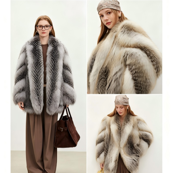 #2628 Women's Golden Island Fox Fur Mid Length Coat, Luxury Natural Full Skin Fox Fur Winter Overcoat.E