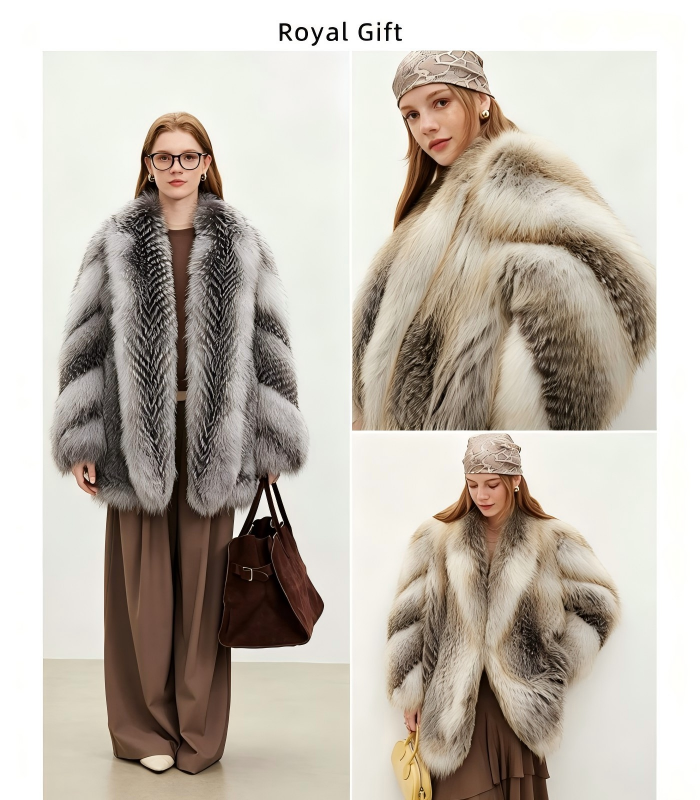 #2628 Women's Golden Island Fox Fur Mid Length Coat, Luxury Natural Full Skin Fox Fur Winter Overcoat.E