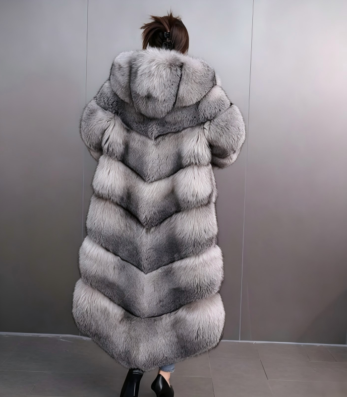 Women's Silver Blue Fox Long Hooded Fur Coat, Real Full Skin Luxury Winter Outerwear for Women