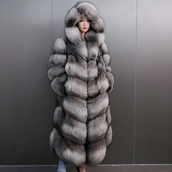 Women's Silver Blue Fox Long Hooded Fur Coat, Real Full Skin Luxury Winter Outerwear for Women