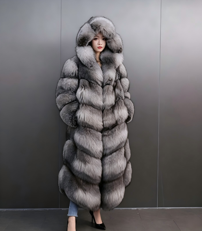 Women's Silver Blue Fox Long Hooded Fur Coat, Real Full Skin Luxury Winter Outerwear for Women