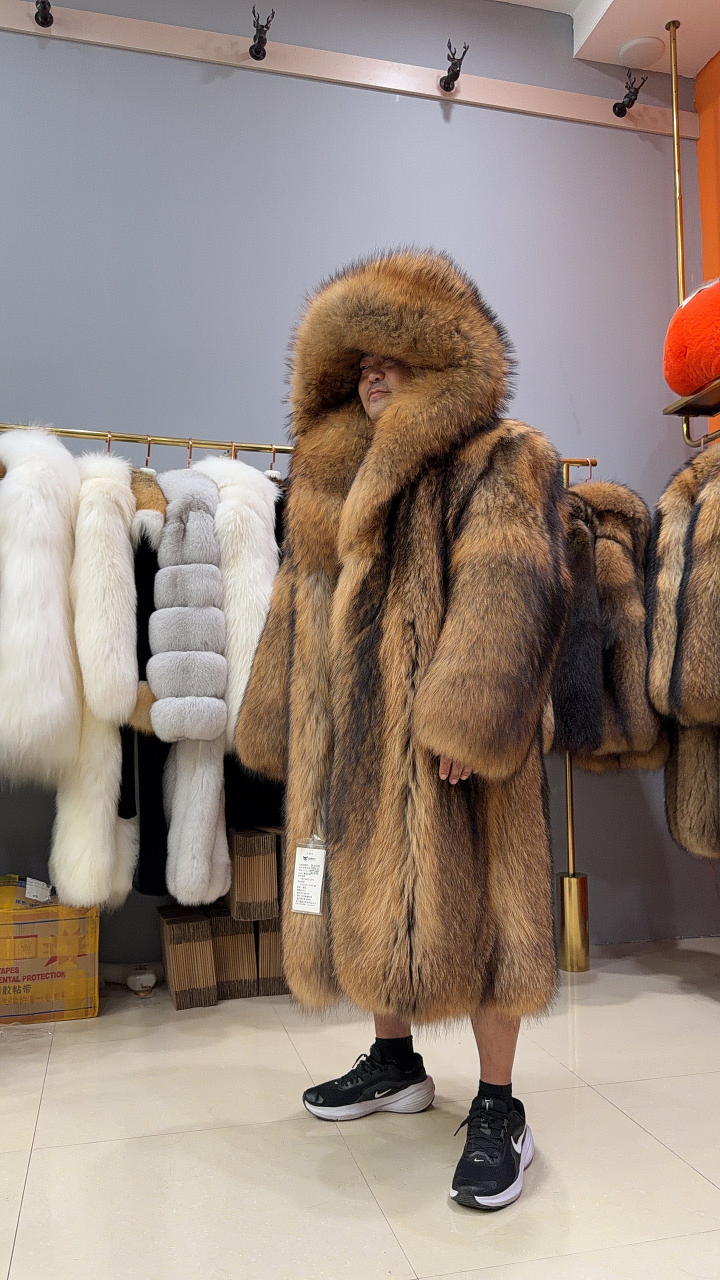 #2674 Men Long Hooded Raccoon Fur Coat Knee Length, Real Full Skin Raccoon Fur Luxury Winter Outerwear .A