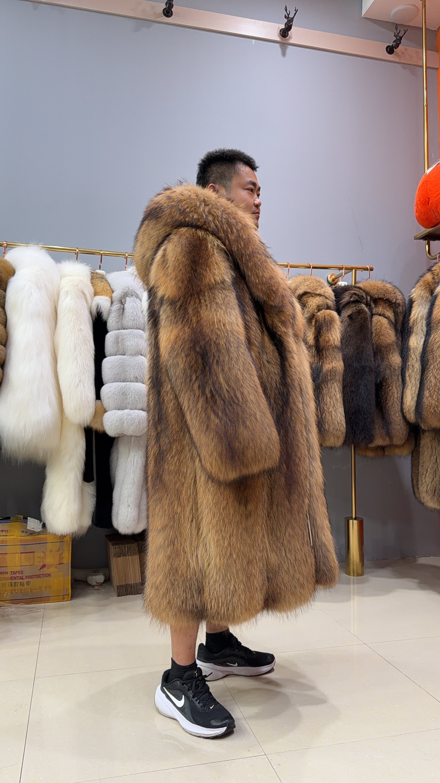 #2674 Men Long Hooded Raccoon Fur Coat Knee Length, Real Full Skin Raccoon Fur Luxury Winter Outerwear .B