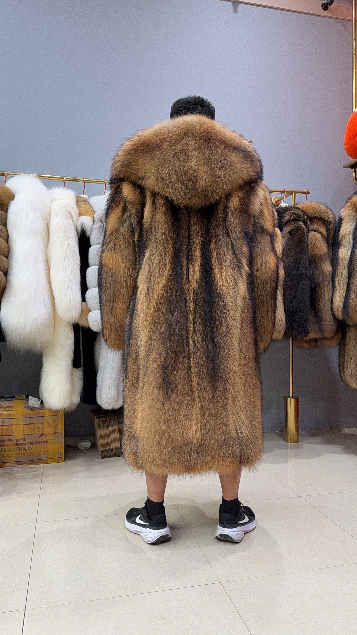 #2674 Men Long Hooded Raccoon Fur Coat Knee Length, Real Full Skin Raccoon Fur Luxury Winter Outerwear .C