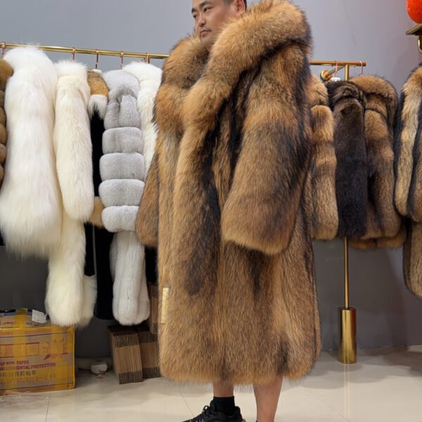 #2674 Men Long Hooded Raccoon Fur Coat Knee Length, Real Full Skin Raccoon Fur Luxury Winter Outerwear .D