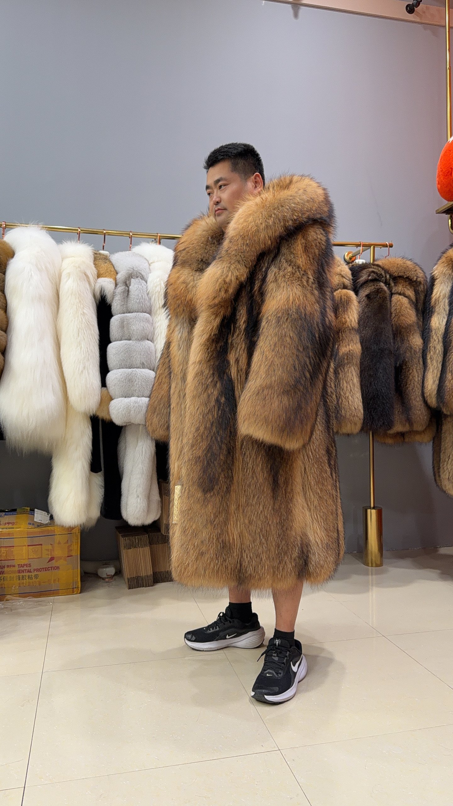 #2674 Men Long Hooded Raccoon Fur Coat Knee Length, Real Full Skin Raccoon Fur Luxury Winter Outerwear .D