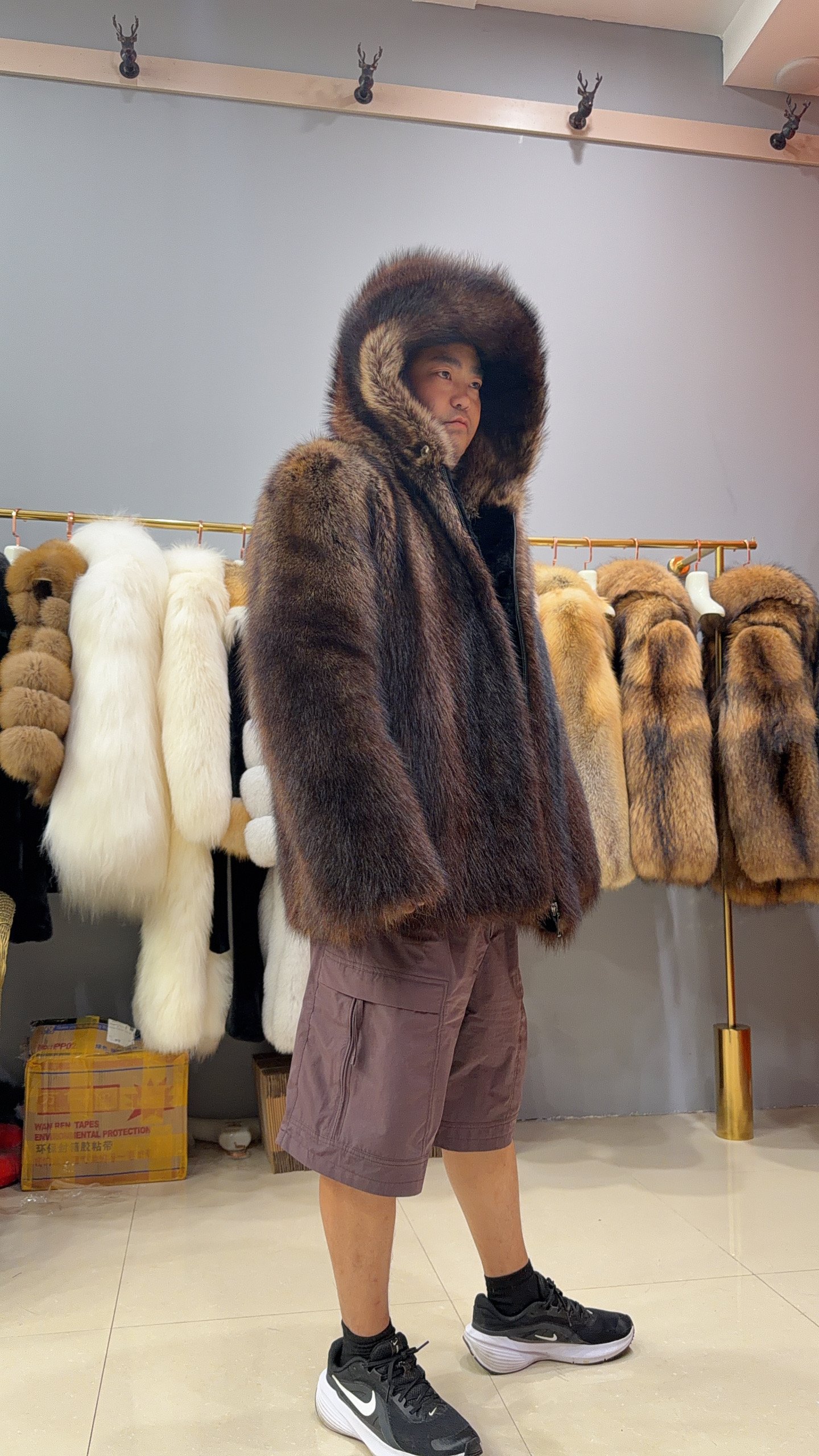 #2675 Men's Hooded Fisher Fur Coat Full Skin, Real Fur Zipper Luxury Winter Outerwear Store Model Shot.E